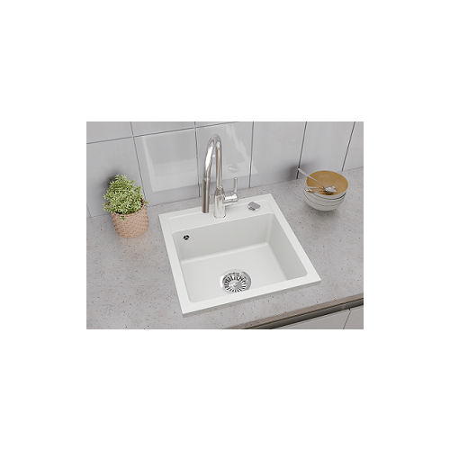 Aranżacja zlewozmywak granitowy 1 komorowy nablatowy Ela biały